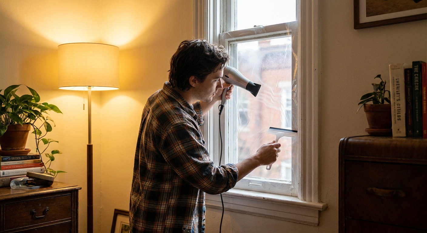 A renter smoothing clear shrink window film over a white-painted apartment window frame with a hair dryer and a plastic squeegee, warm indoor lighting
