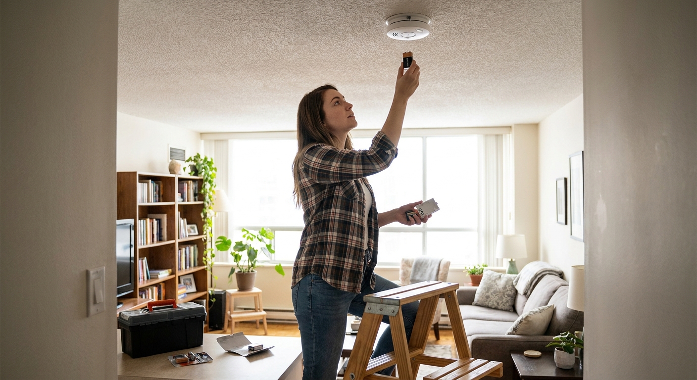 A renter standing on a small step stool replacing a 9-volt battery in a ceiling-mounted smoke alarm in a bright apartment, realistic photo
