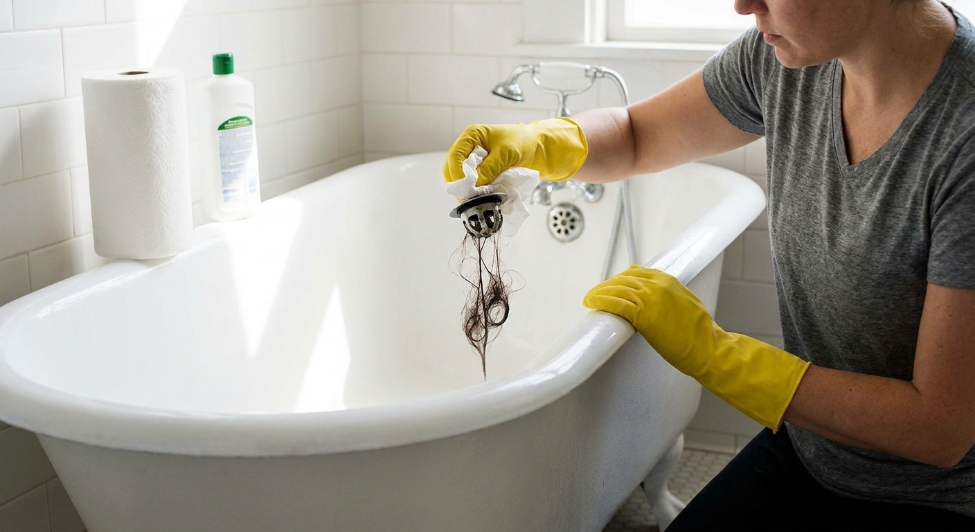 A renter wearing rubber gloves lifting a bathtub drain stopper and pulling out a small clump of hair with a paper towel in a bright, clean bathroom