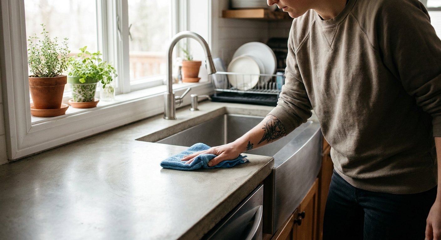 A renter wiping down a light gray concrete kitchen countertop with a soft microfiber cloth beside a sink, natural window light, real home photo