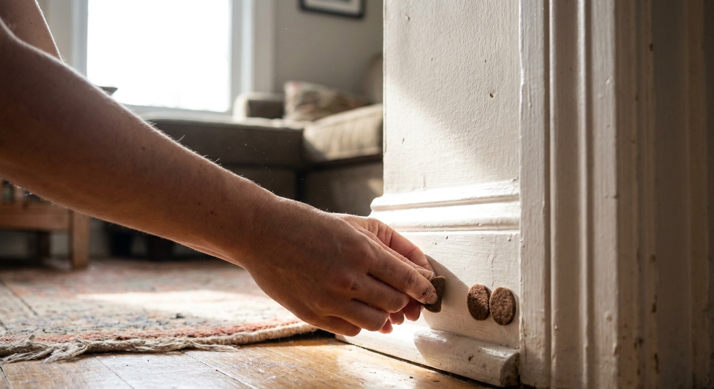 A renter's hands placing small self-adhesive felt pads on a white interior door stop molding, natural window light, real home photography