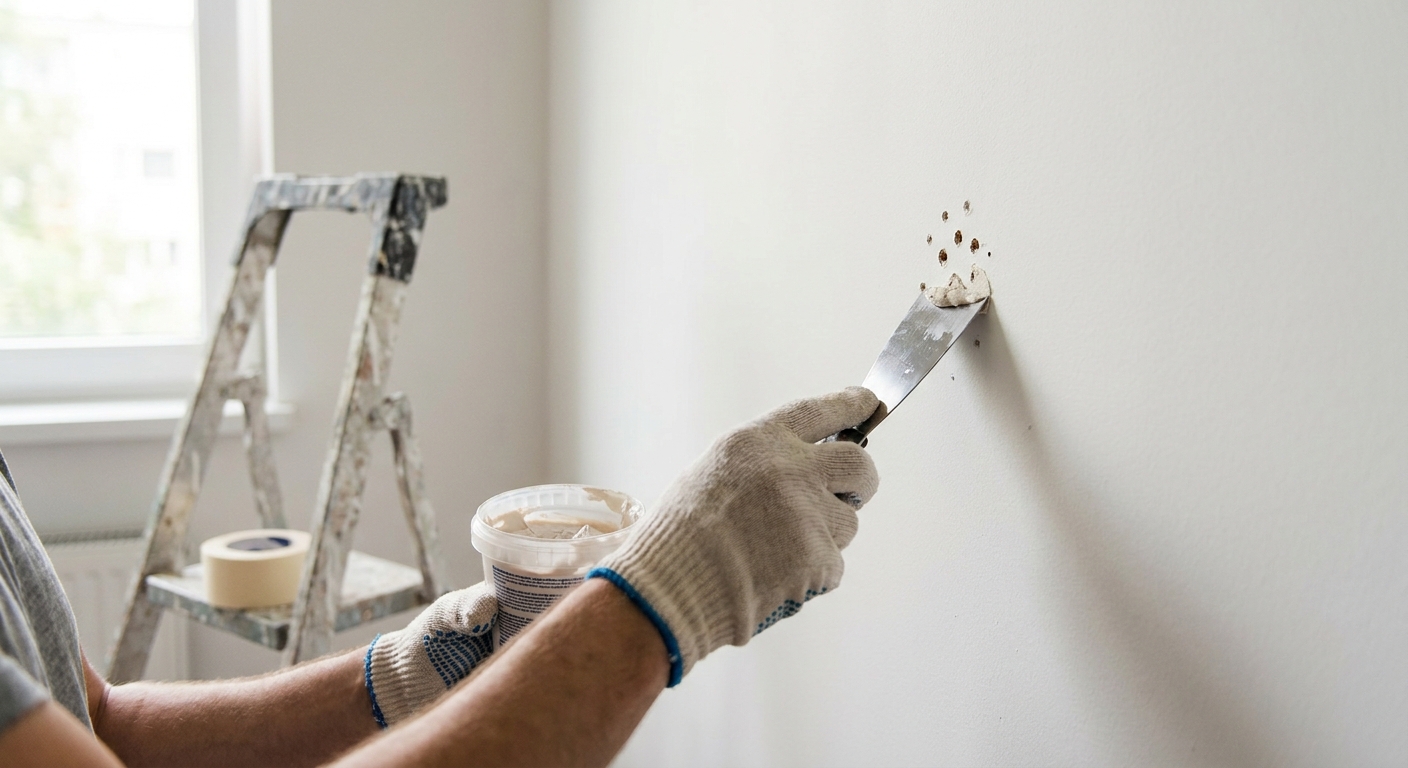 A renter's hands using a small putty knife to fill tiny nail holes on a white painted apartment wall, natural window light, realistic photo