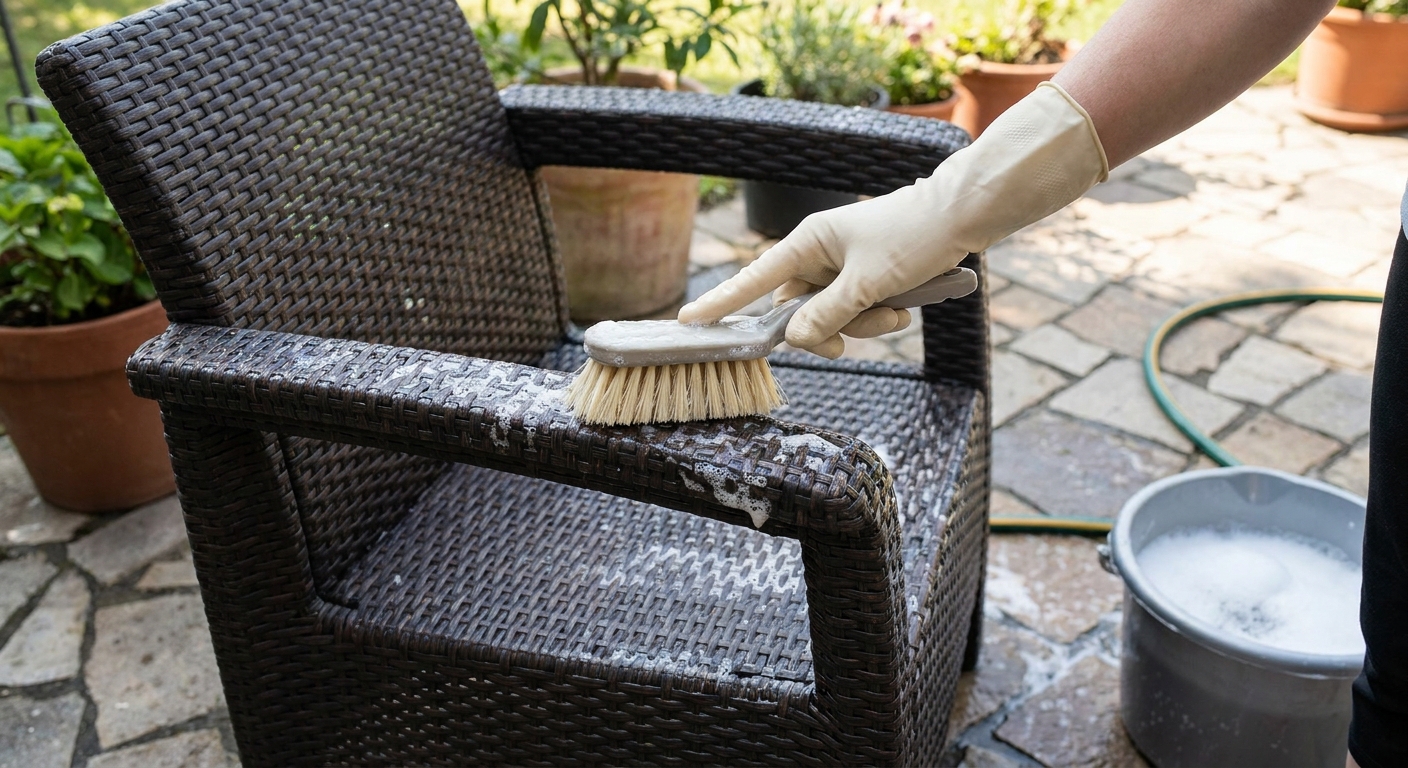 A resin wicker patio chair being gently scrubbed with a soft brush and soapy water on a stone terrace, realistic cleaning scene