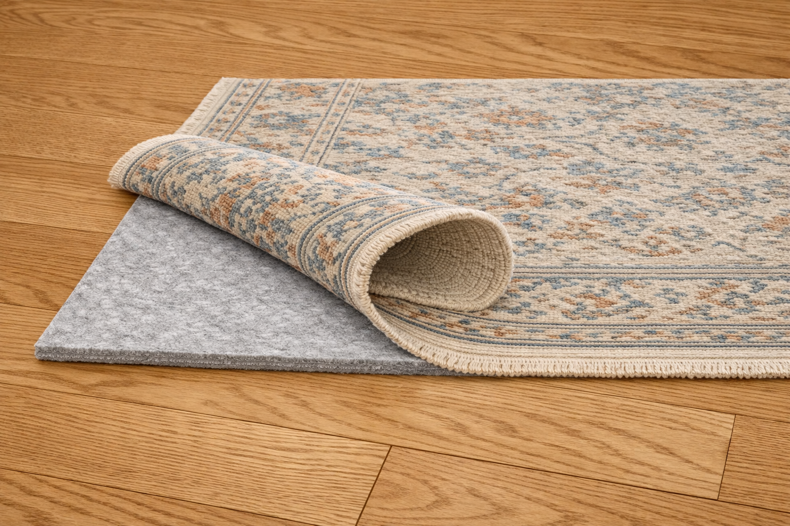 A rolled area rug leaning against a wall while a rug pad lies flat nearby on a hardwood floor