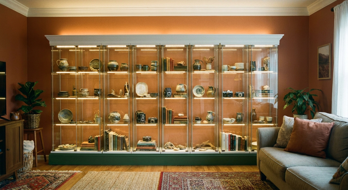 A row of IKEA Detolf glass display cabinets installed tightly side by side with a painted base platform and simple crown molding, warm LED lighting glowing inside, styled with ceramics and vintage objects in a cozy living room