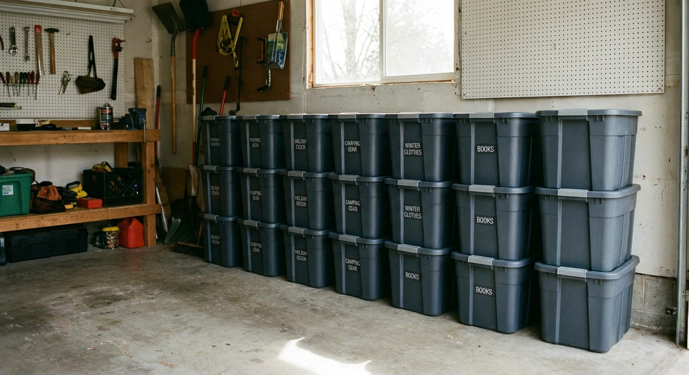 A row of matching labeled storage totes stacked neatly along a small garage wall, realistic home photography