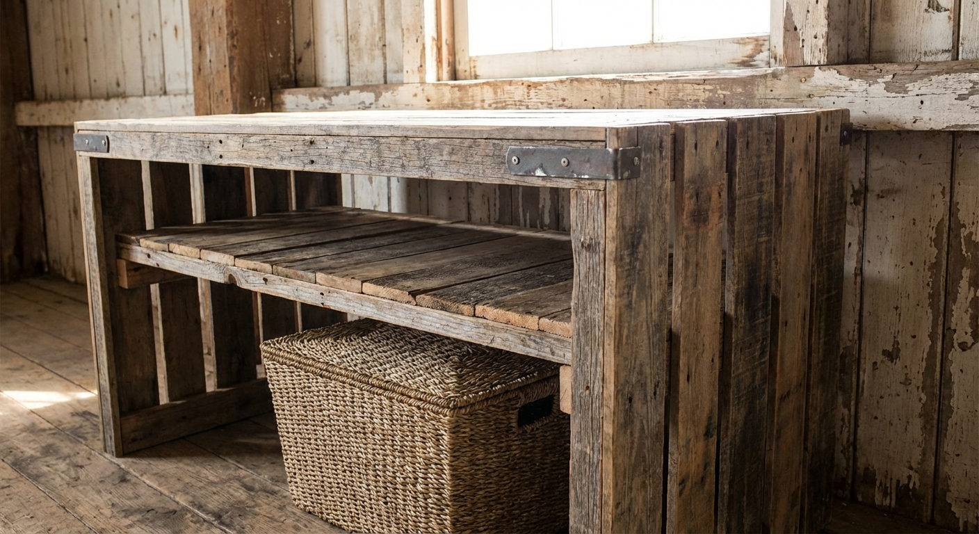 A rustic pallet coffee table turned on its side showing a lower shelf with pallet boards and a woven basket tucked underneath