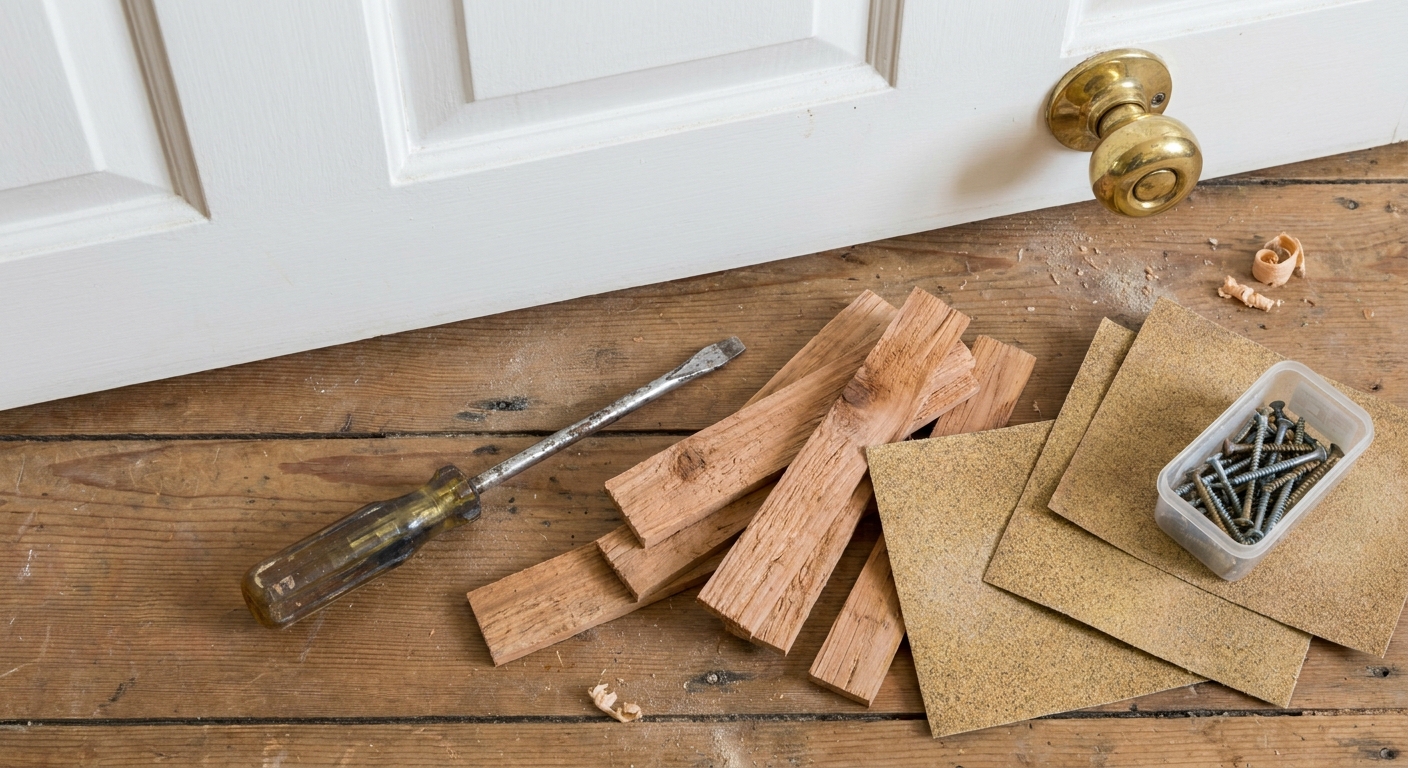A screwdriver, wood shims, sandpaper, and screws laid out on a wooden floor beside an interior door, realistic home photo