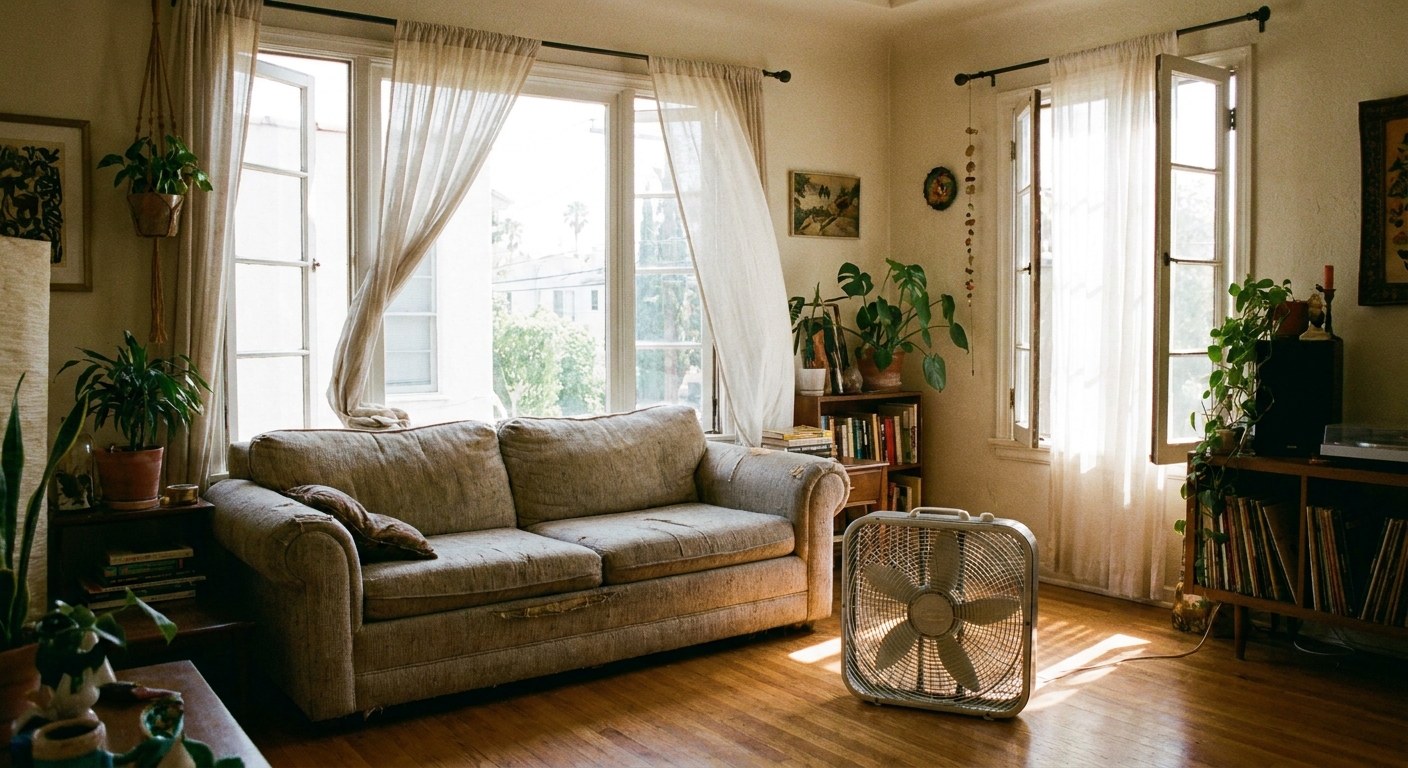 A secondhand sofa positioned near open windows in a bright living room with a box fan on the floor gently ventilating the space, realistic photography