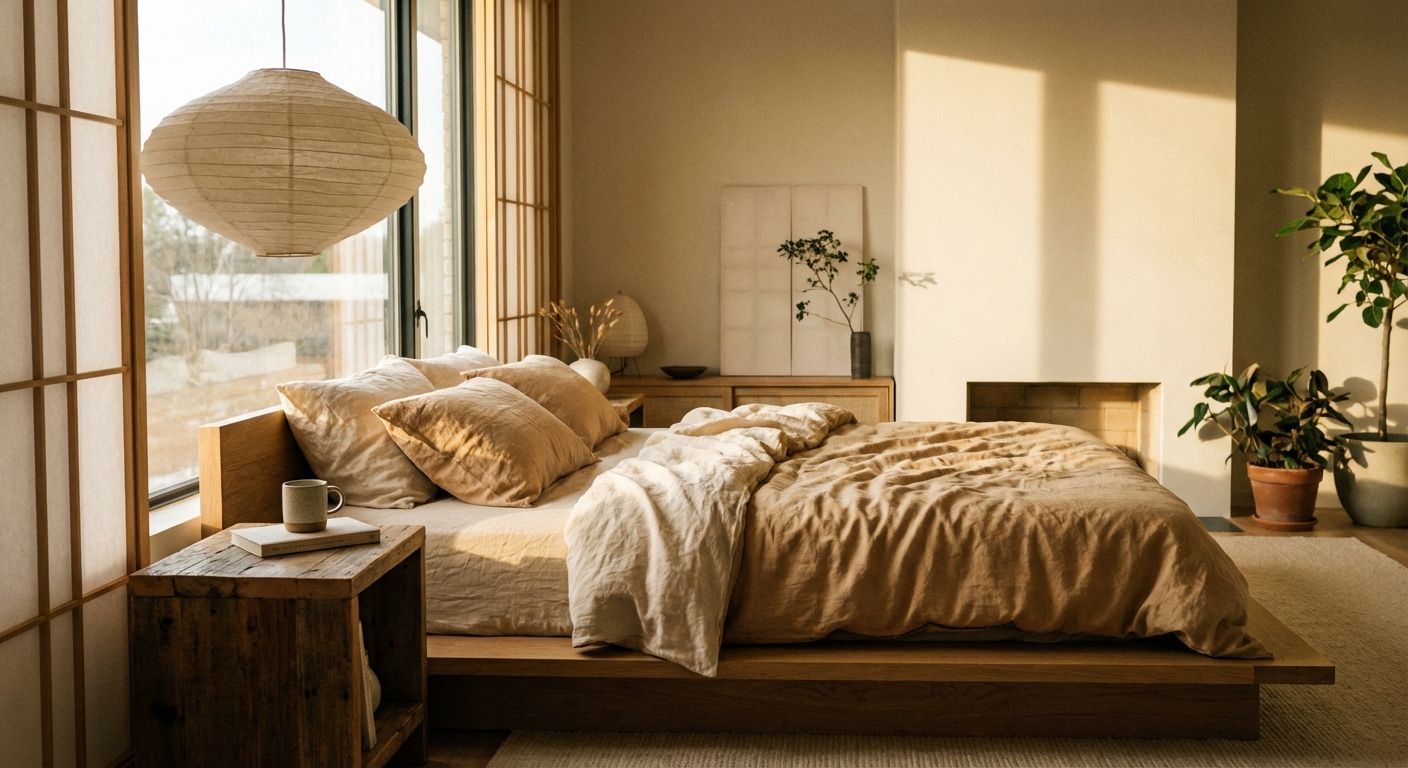A serene Japandi bedroom with rumpled linen bedding in warm beige, a simple wooden nightstand, a paper lantern pendant light, and soft afternoon light, real interior photography style