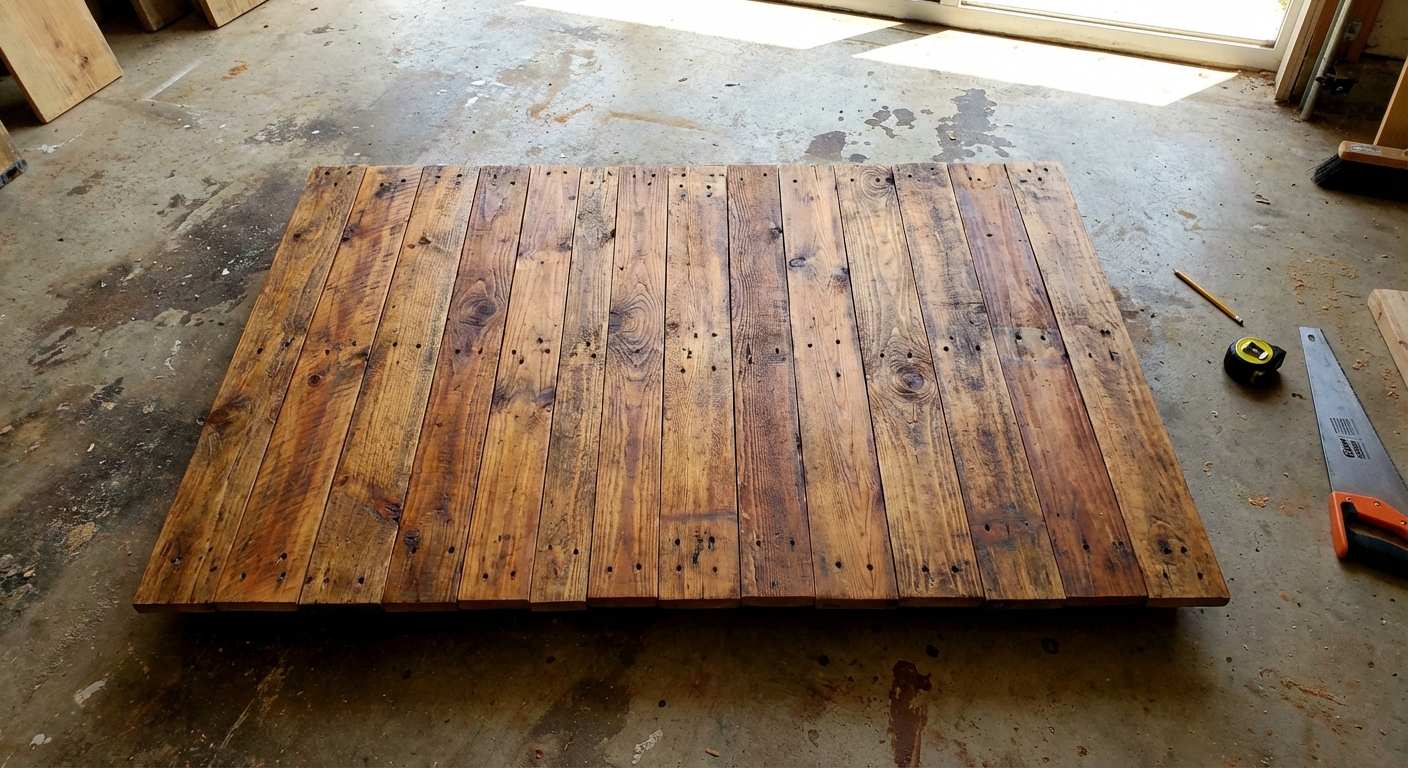 A set of cleaned pallet boards arranged edge-to-edge on a concrete floor to plan a coffee table top, showing varied grain and warm brown tones