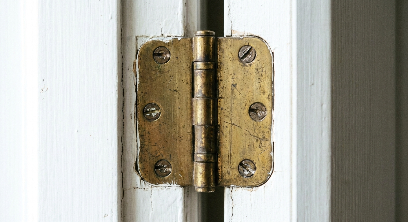 A sharp close-up photograph of a brass door hinge mounted on a painted interior door and frame, showing hinge knuckles and screw heads