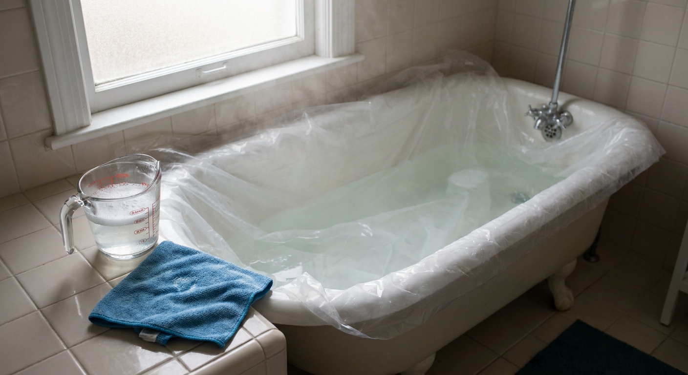 A shower liner spread flat in a bathtub filled with warm water, a glass measuring cup nearby, and a microfiber cloth resting on the tub edge, natural bathroom lighting