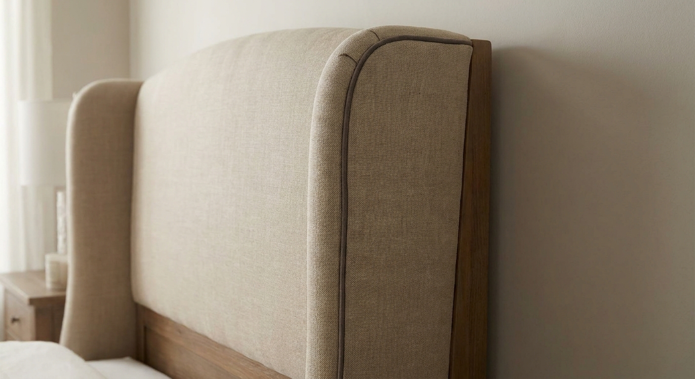 A side view of a wingback upholstered headboard showing the vertical seam and piping detail along the wing