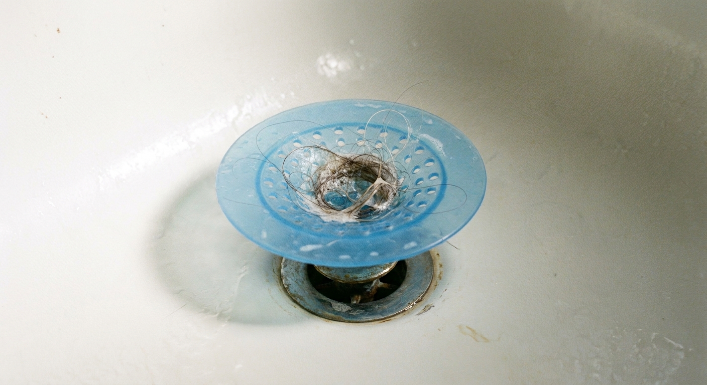 A silicone hair catcher sitting over a bathtub drain with a small amount of collected hair, photographed in soft natural bathroom light