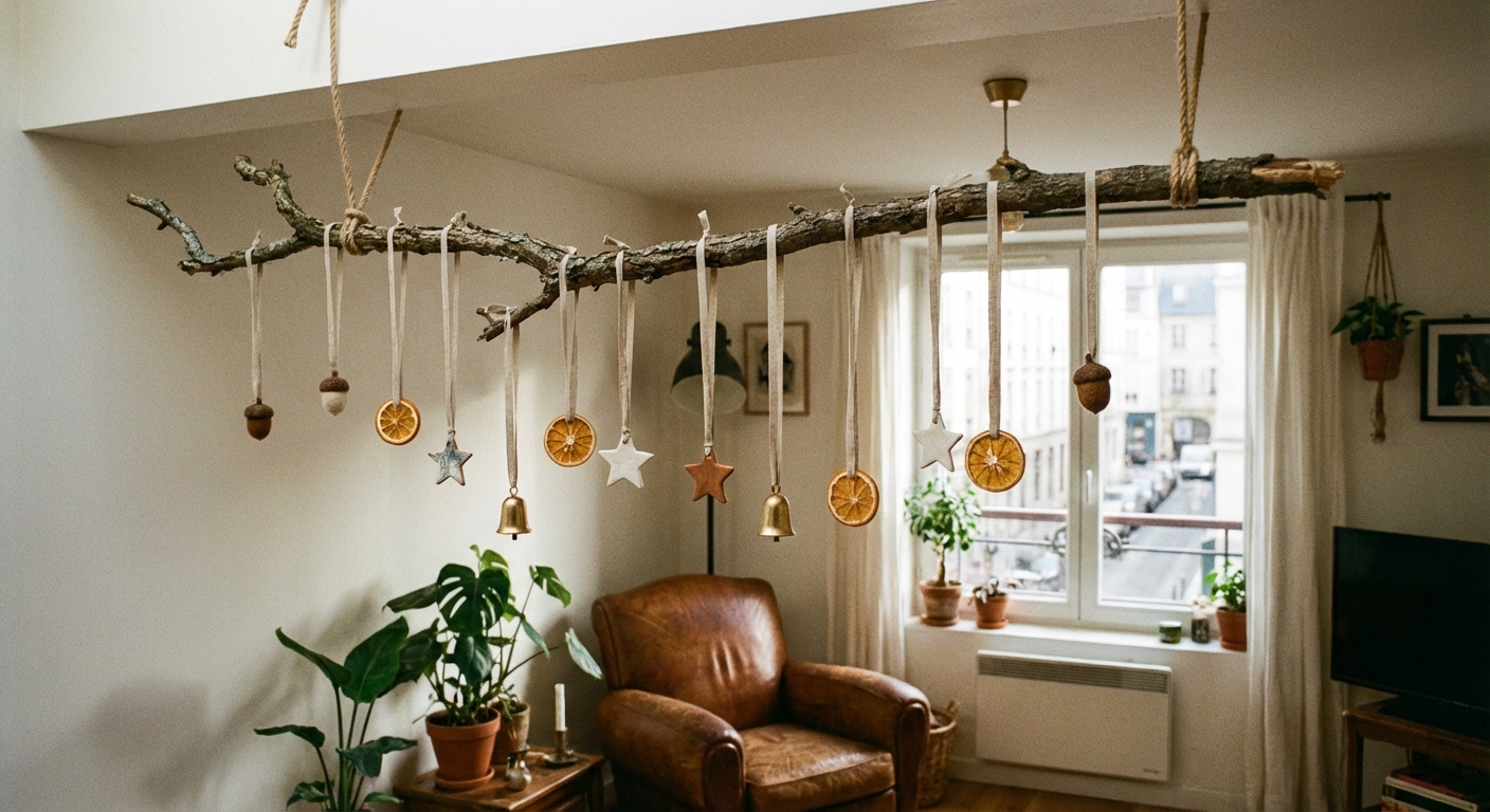 A simple branch hanging from the ceiling with ornaments suspended at different lengths on neutral ribbons, styled in a small apartment