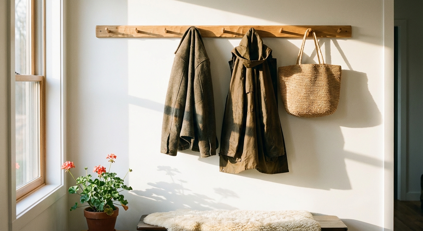 A simple entryway with a wooden peg rail holding two coats and a woven tote bag, with a clean white wall and warm natural light