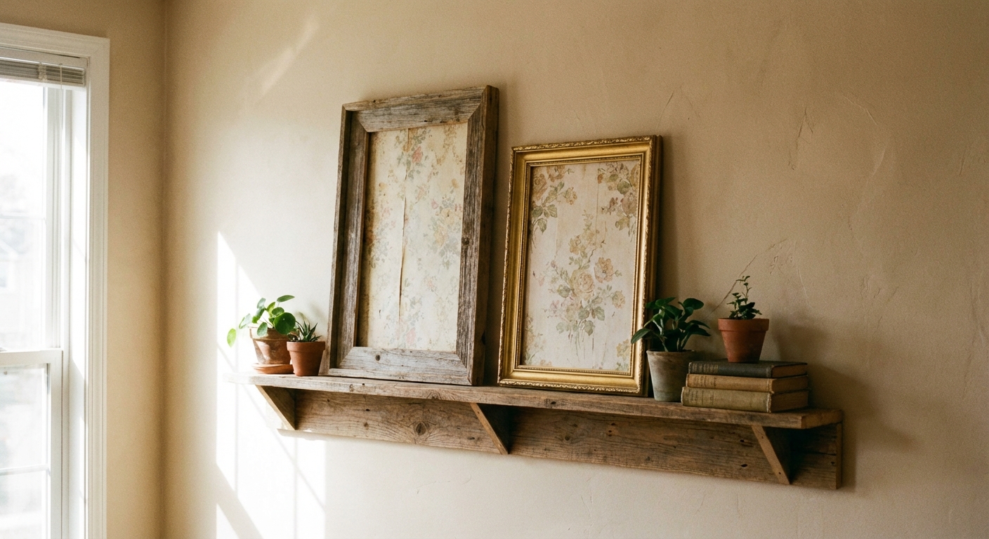 A simple gallery ledge in a living room holding two thrifted frames with vintage floral wallpaper scraps inside, leaning against a warm neutral wall, real photo
