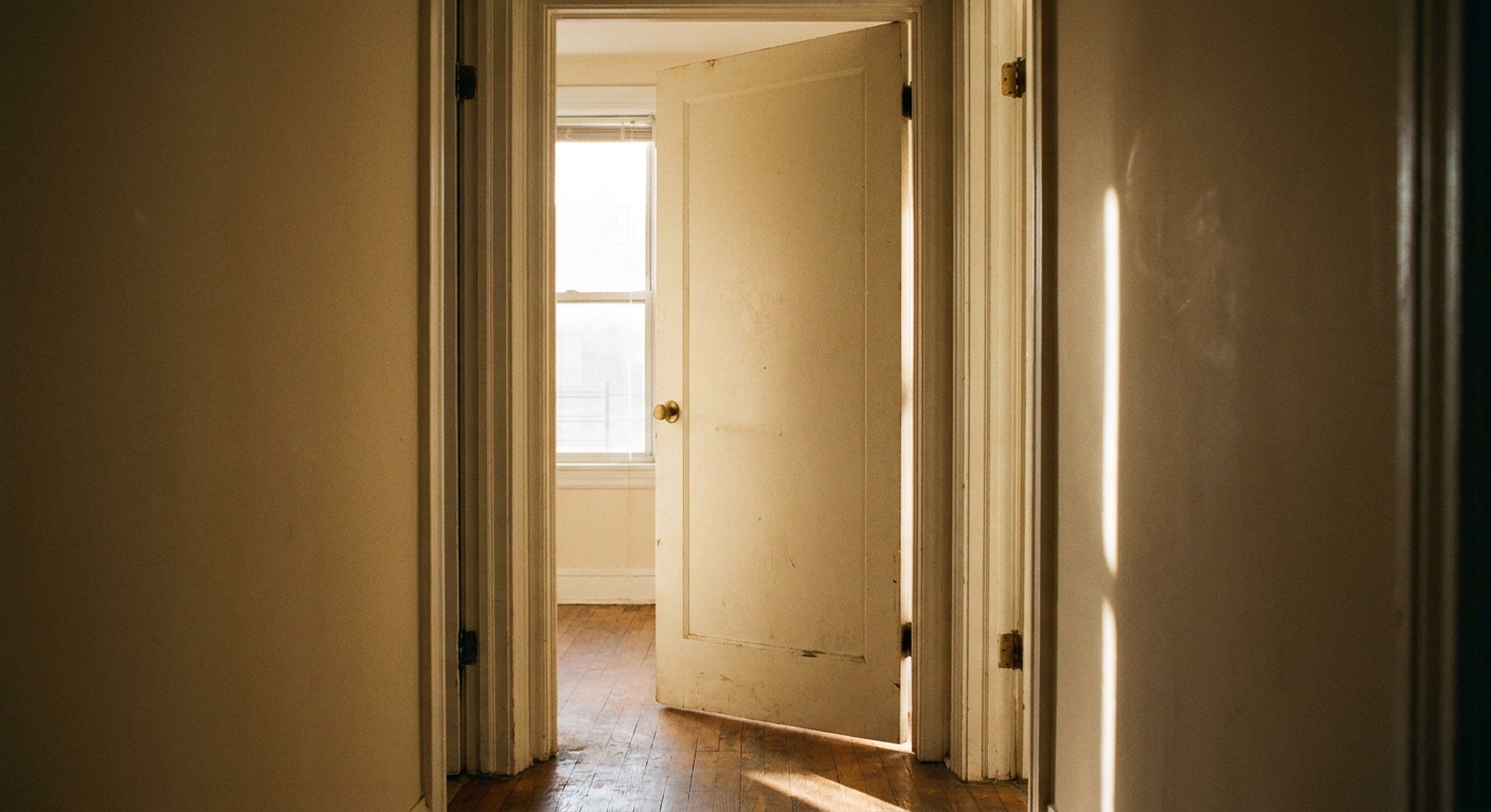 A simple hollow-core interior door in an apartment hallway mid-swing, with soft afternoon light and neutral walls, realistic photography