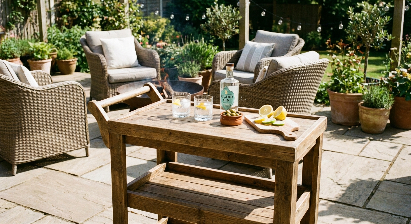 A simple outdoor bar cart with two glasses, citrus slices, a bottle, and a small bowl on a patio near seating