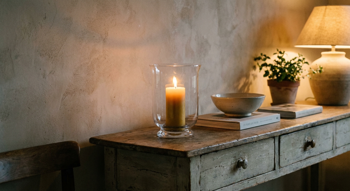 A single lit candle inside a clear glass hurricane on a vintage wooden console table, placed away from the wall, warm ambient evening light, realistic interior photo