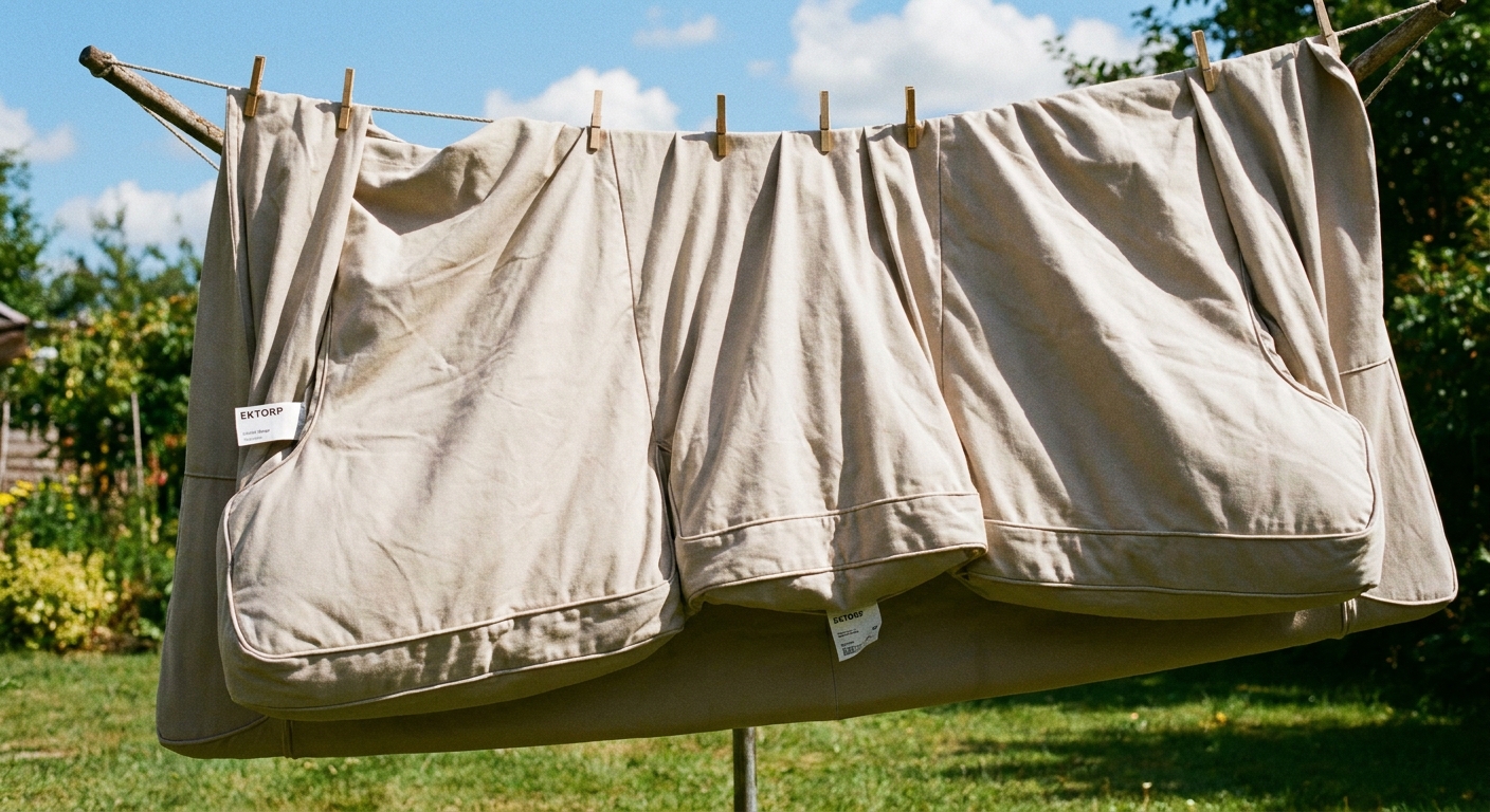 A single photograph of an IKEA EKTORP slipcover hanging neatly on an outdoor clothesline on a bright day, showing the fabric drape and seams