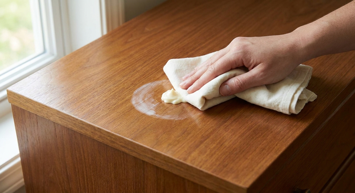 A small amount of mayonnaise being gently rubbed onto a white water ring on a wooden dresser top using a soft cotton cloth
