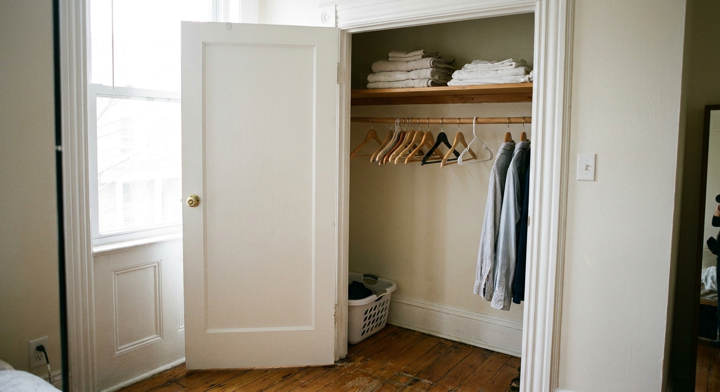 A small apartment closet with the door open, a few hangers spaced apart, folded linens on a shelf, and soft daylight reaching into the closet, realistic home photo