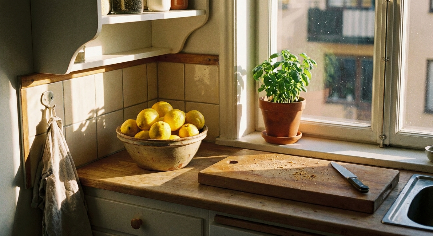 A small apartment kitchen counter with a ceramic bowl of lemons, a wooden cutting board, a small potted herb plant near a window, and warm sunlight across the surface, realistic photography
