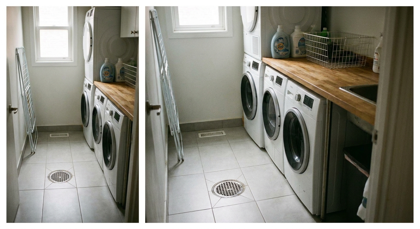 A small apartment laundry room with a visible round floor drain near a washing machine, clean tile floor, realistic indoor photo