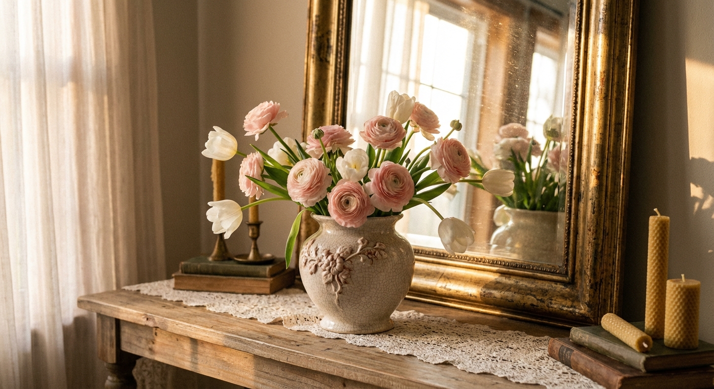 A small arrangement of blush ranunculus and white tulips in a vintage ceramic vase on a wooden console table, with an antique mirror reflecting warm afternoon light
