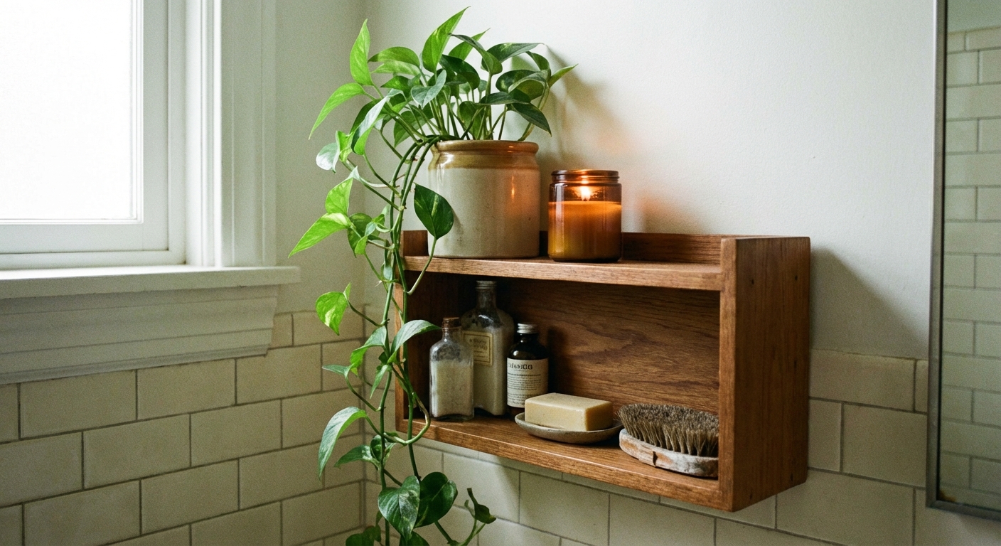 A small bathroom shelf styled with a trailing pothos plant and an amber candle glowing softly, real photography style
