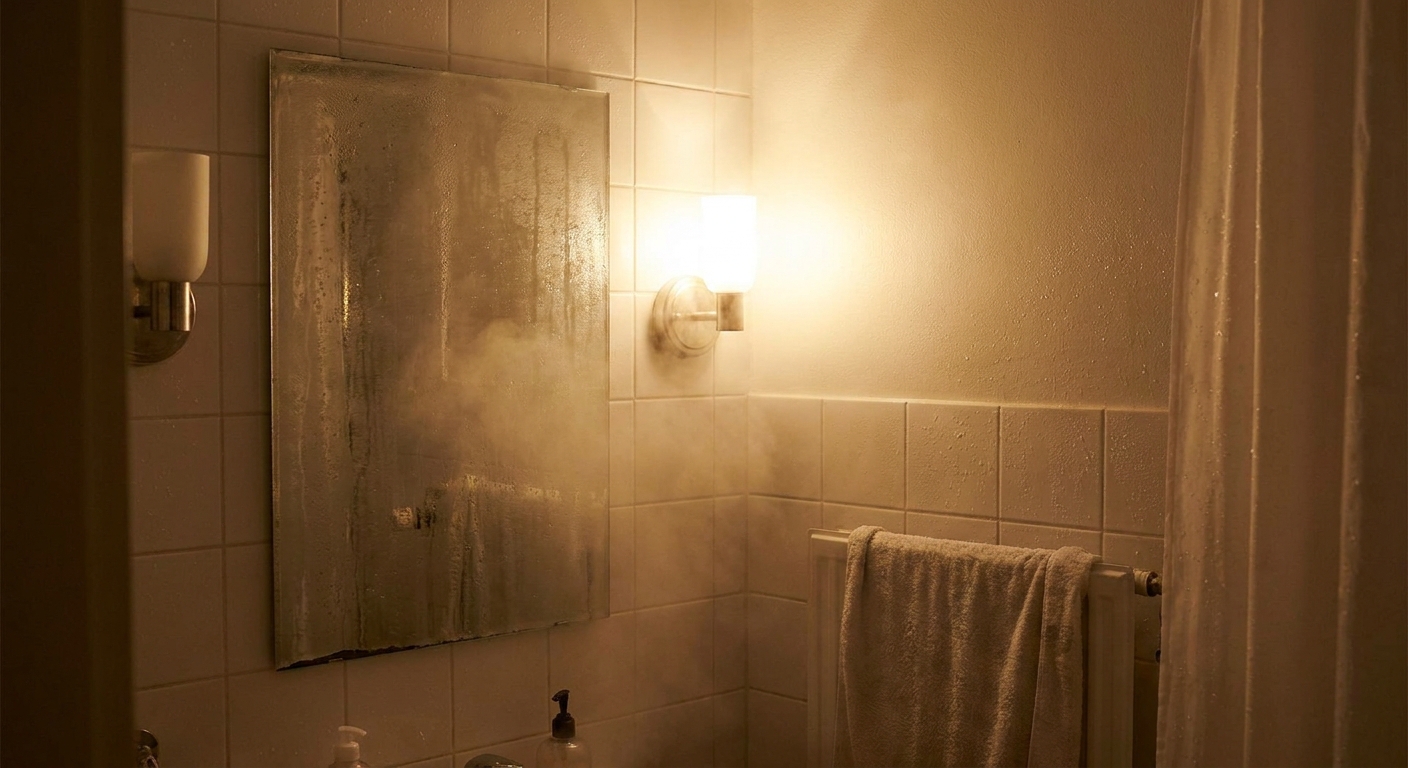 A small bathroom with a mirror heavily fogged and visible steam lingering in warm light after a shower