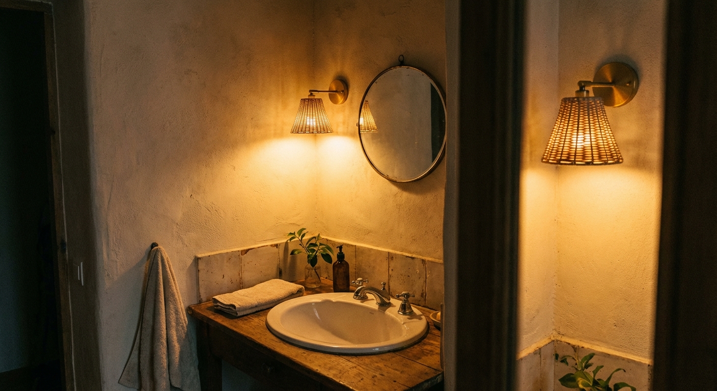 A small bathroom with a rechargeable wall sconce mounted beside a mirror, casting a warm amber glow over the sink, real photography style