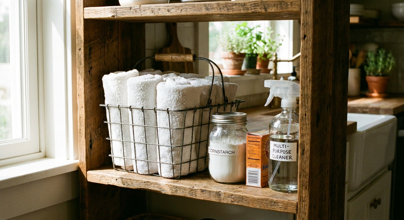 A small cleaning caddy with white towels, cornstarch, baking soda, and a spray bottle arranged on a wooden shelf, realistic home photo