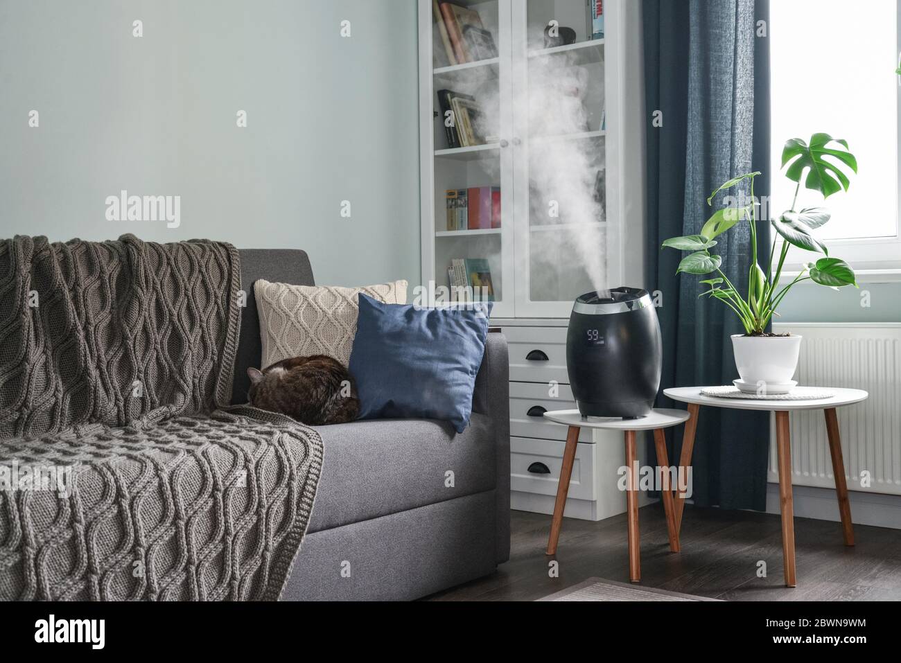 A small cool-mist humidifier running on a wooden side table beside a fabric sofa, with gentle mist visible in warm lamplight