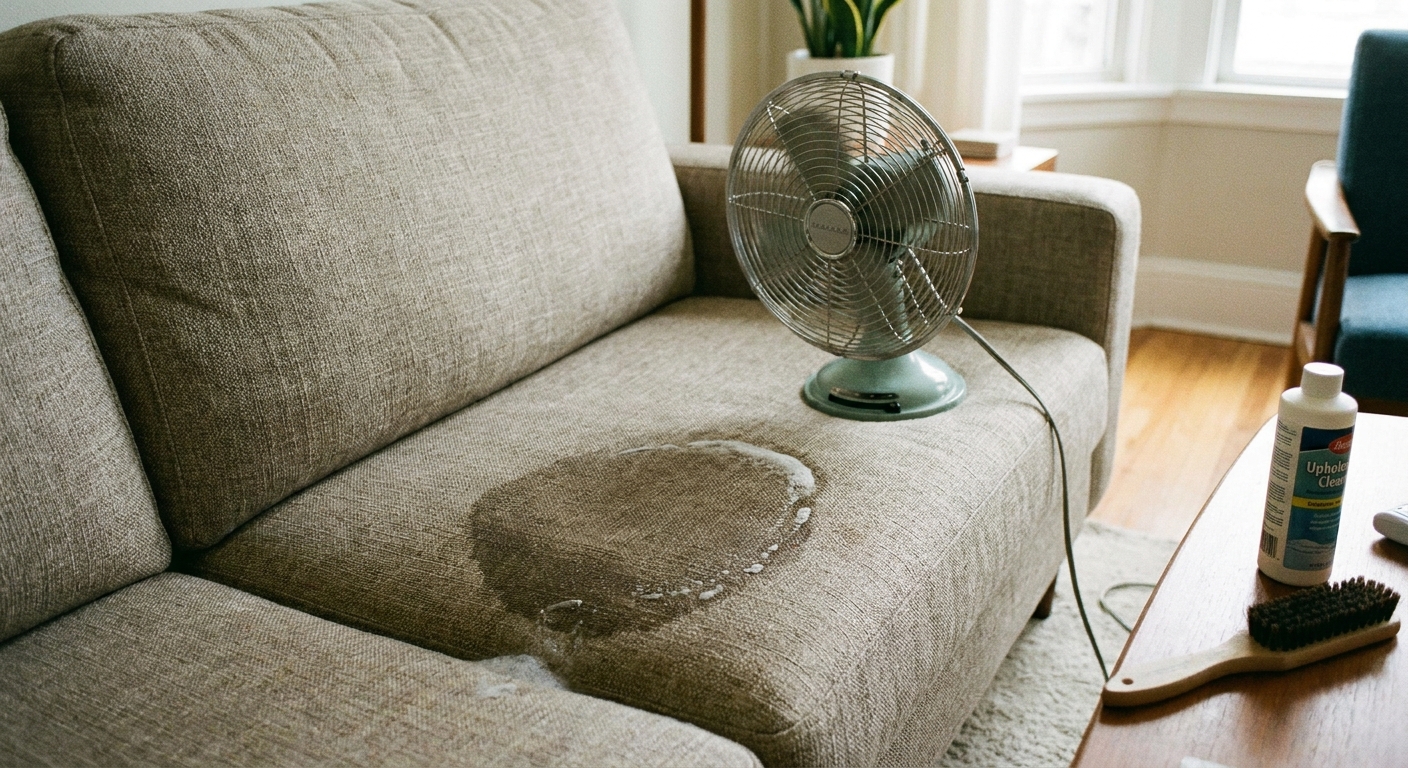 A small fan drying a spot-cleaned sofa cushion