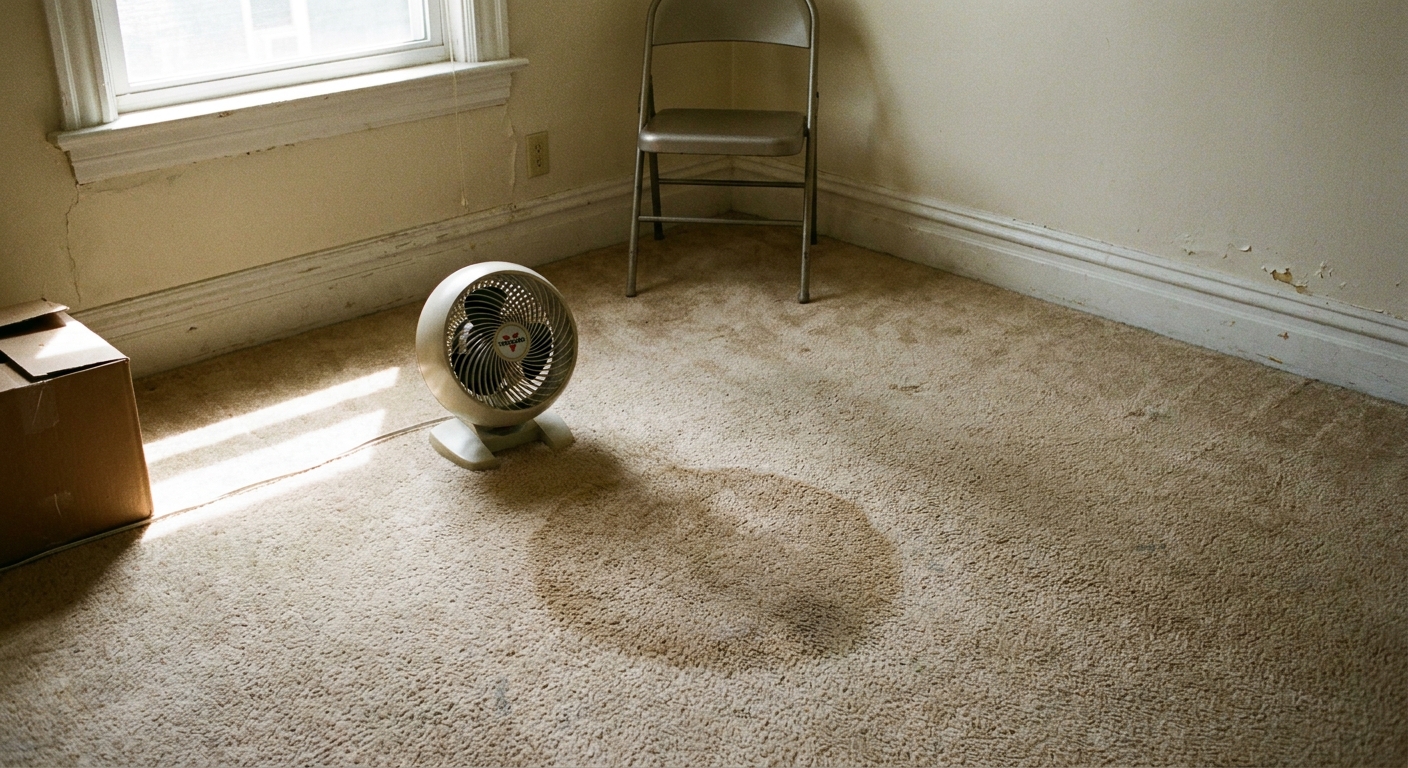 A small floor fan aimed at a recently cleaned spot on wall-to-wall carpet in a rental apartment, with sunlight and minimal furniture nearby, realistic photo
