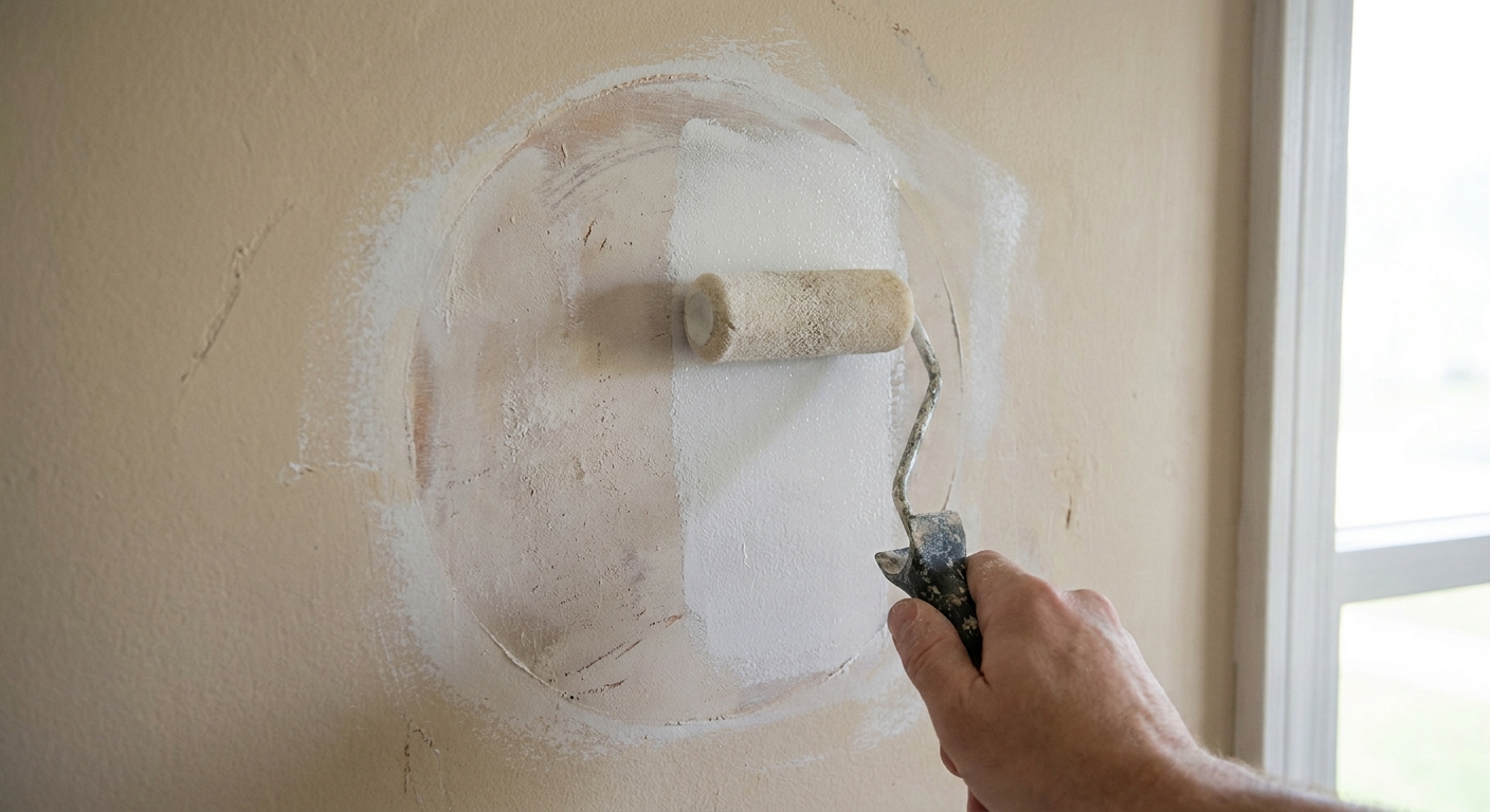 A small foam roller applying white primer over a sanded wall patch, with a faint feathered edge blending into the surrounding painted surface