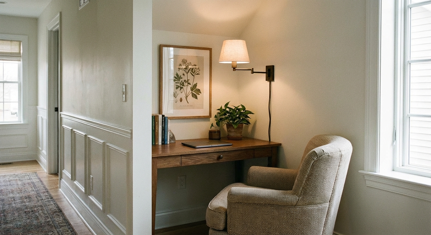 A small home office nook in a hallway with a compact desk, a plug-in wall sconce, a framed art print above, and a comfortable upholstered chair