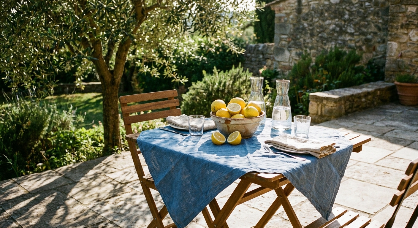 A small outdoor table set with a bowl of lemons, linen napkins, and simple glassware in bright summer light