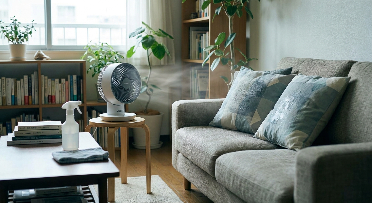A small quiet fan positioned a few feet from a sofa to help cushions dry evenly after spot cleaning, realistic apartment living room photo