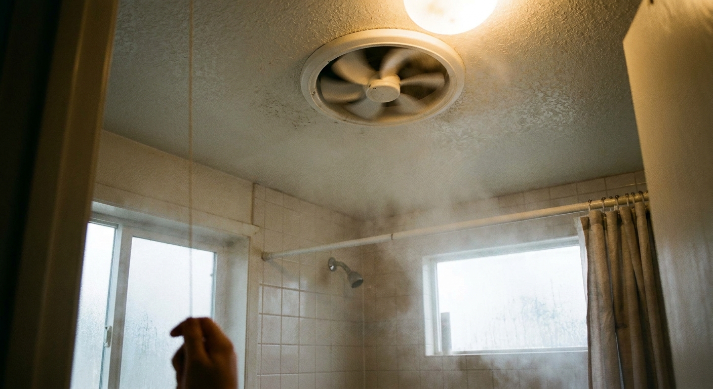 A small rental bathroom ceiling exhaust fan switched on with steam fading in the background above a tub shower, candid photo