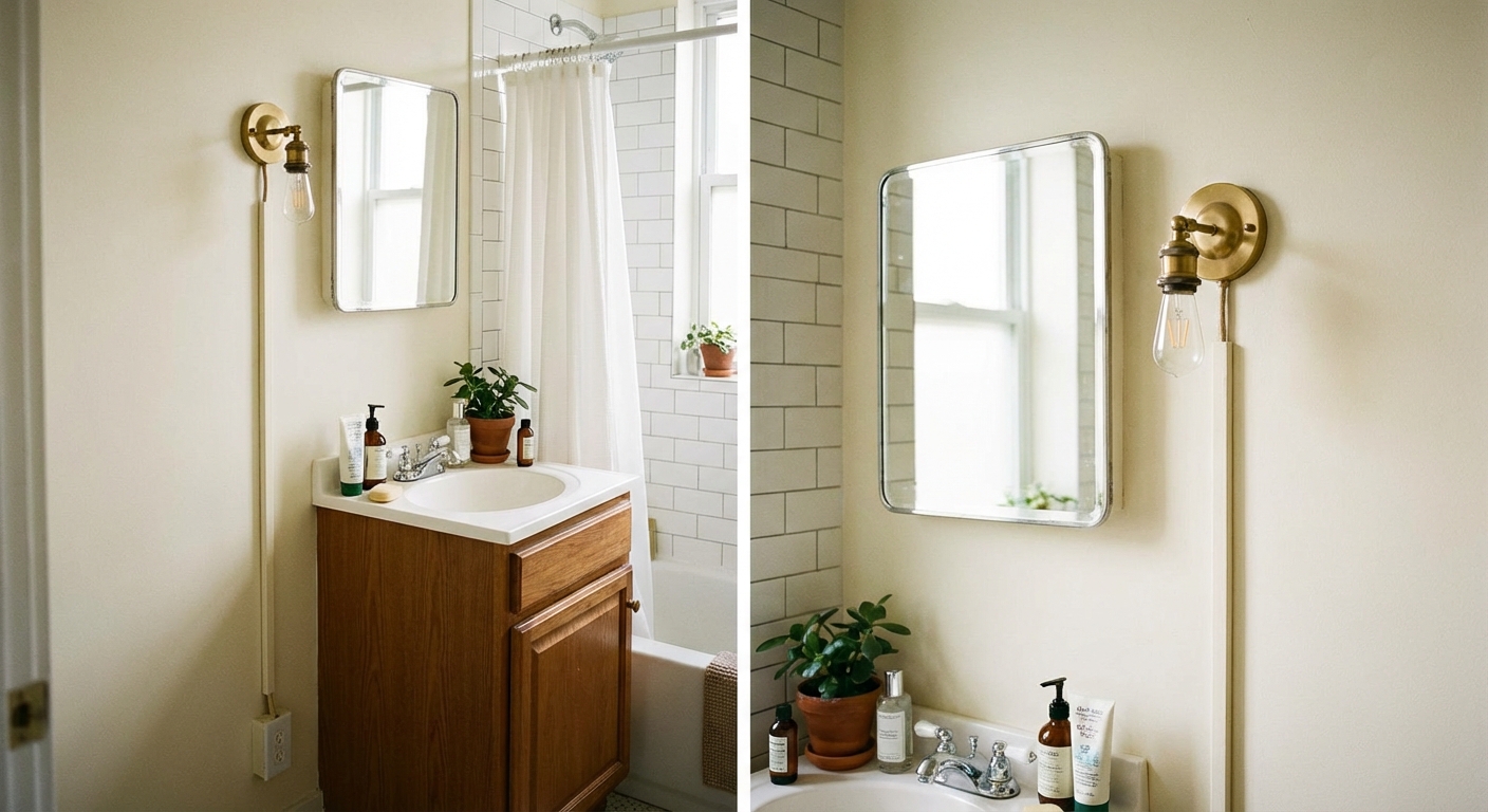A small rental bathroom vanity with a plug-in wall sconce beside the mirror, the cord neatly hidden in a painted cord cover leading to an outlet