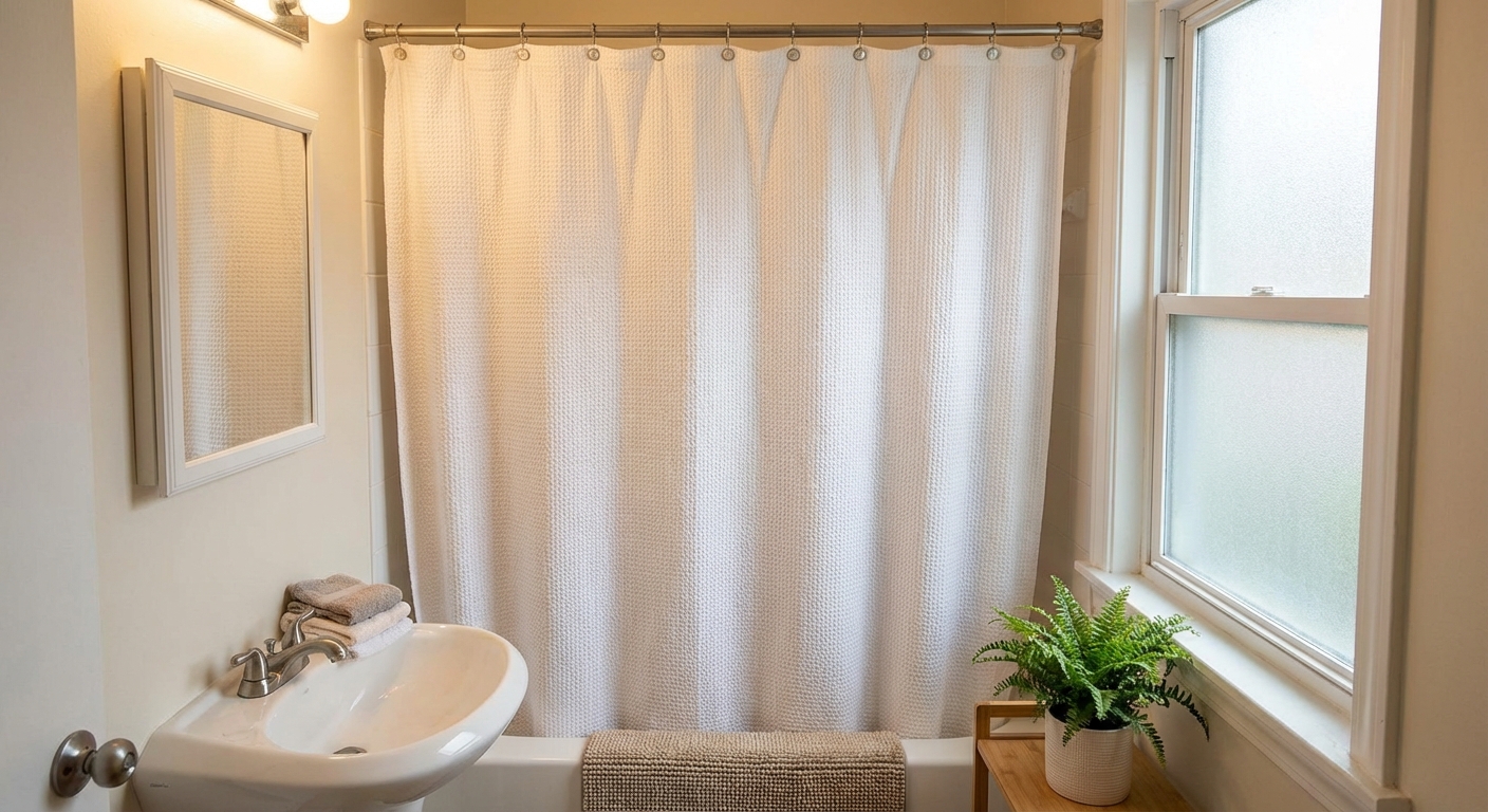 A small rental bathroom with a white waffle-texture shower curtain on simple metal rings, softly lit and tidy, real photography style