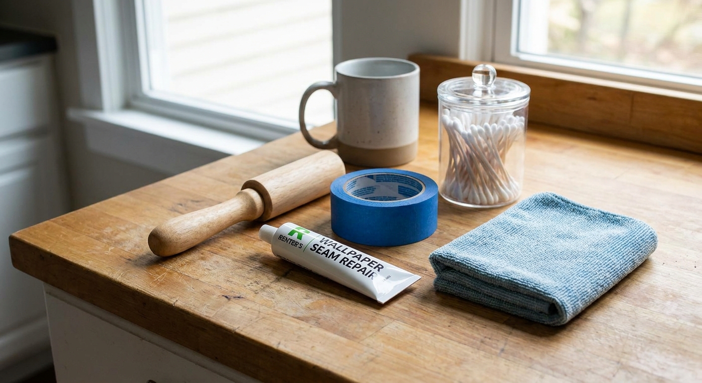 A small renter-friendly wallpaper repair kit laid out on a kitchen counter with a seam roller, seam adhesive tube, painter's tape, cotton swabs, and a microfiber cloth