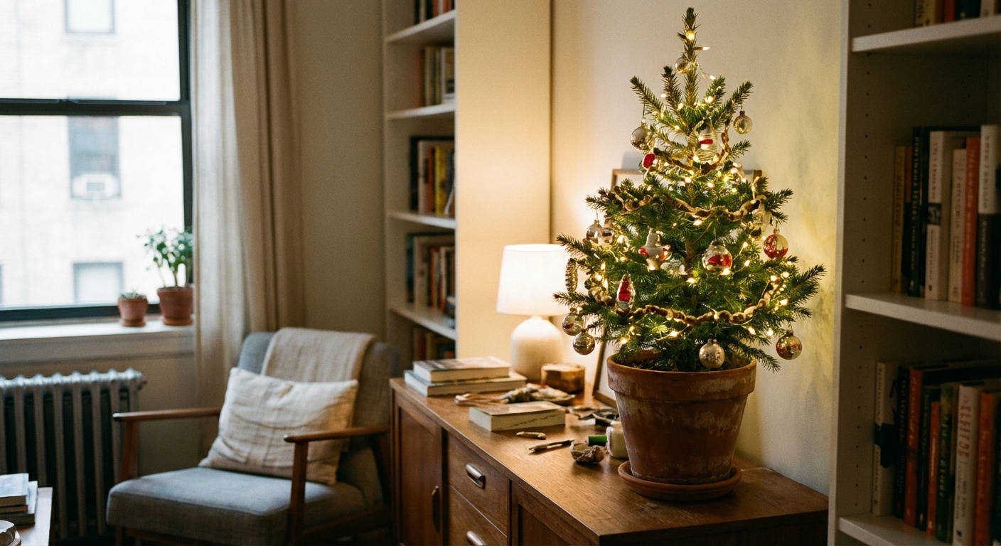 A small tabletop Christmas tree in a pot sitting on a wooden sideboard, decorated with tiny glass ornaments and warm lights in a small apartment