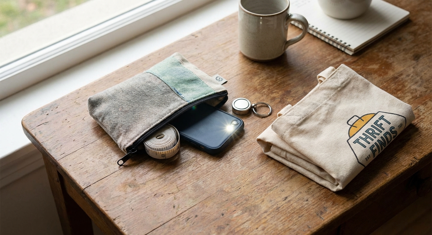 A small thrift shopping kit on a wooden table with a tape measure, phone flashlight, magnet, and folded canvas tote, natural window light