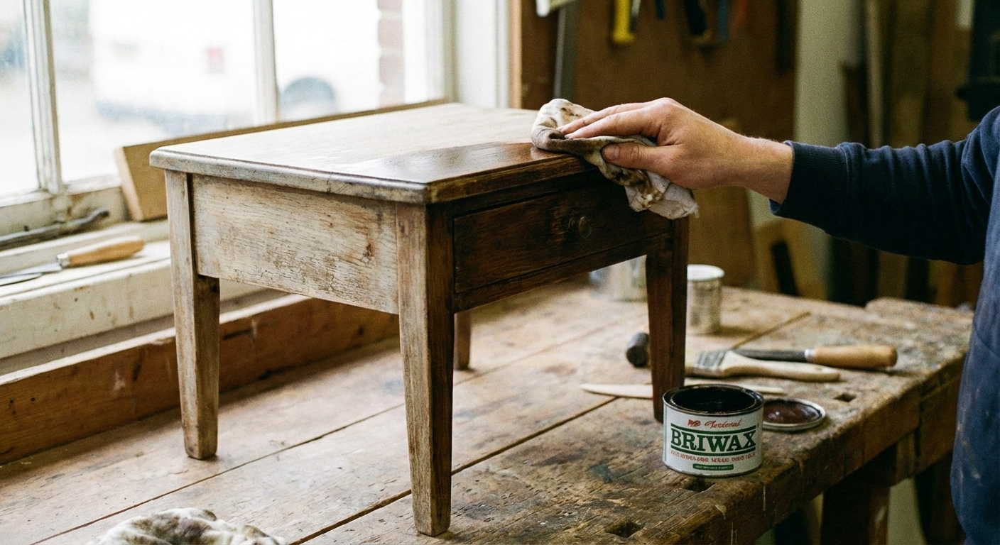 A small vintage side table being rubbed with dark tinted wax using a cloth, showing a richer wood tone developing, real photo