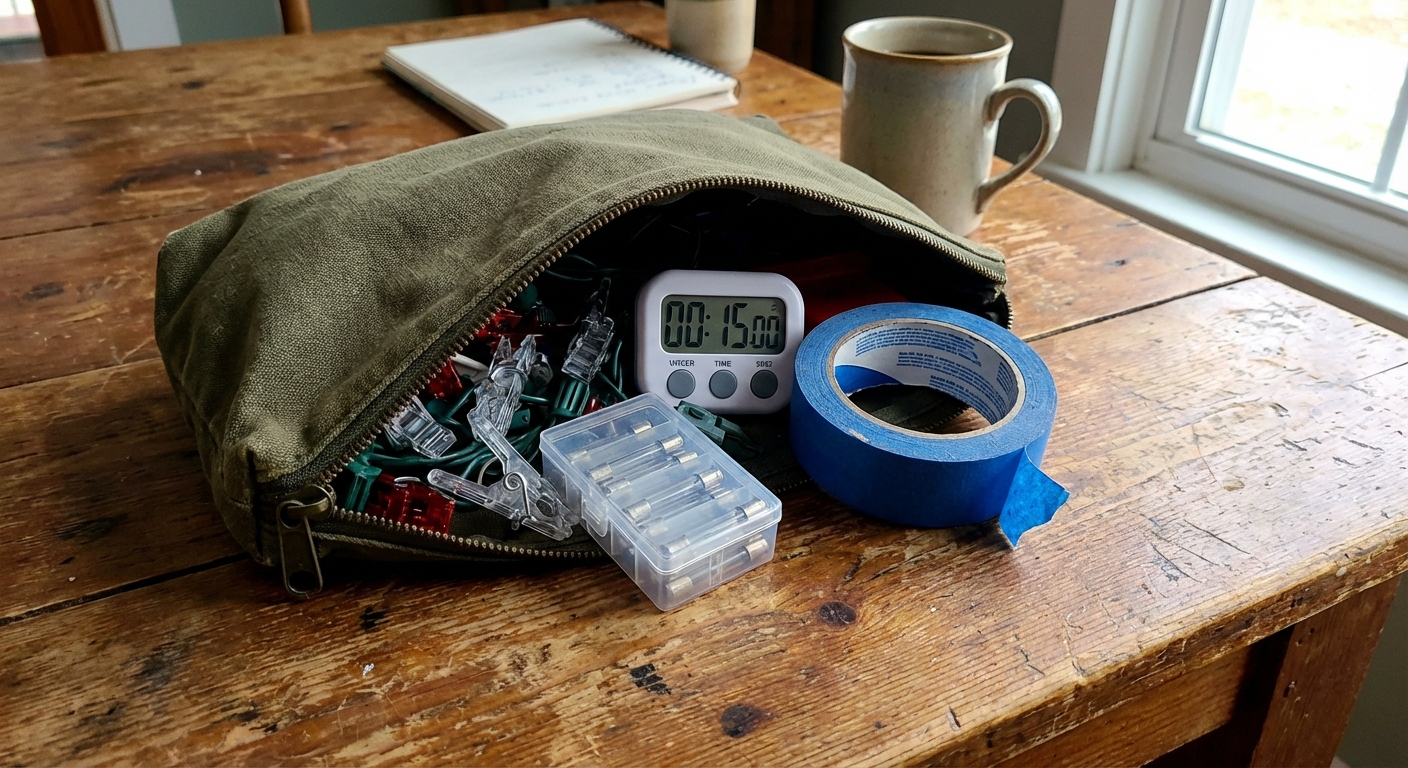 A small zip pouch open on a table holding light clips, a timer, spare fuses, and a roll of painter’s tape, realistic indoor photography